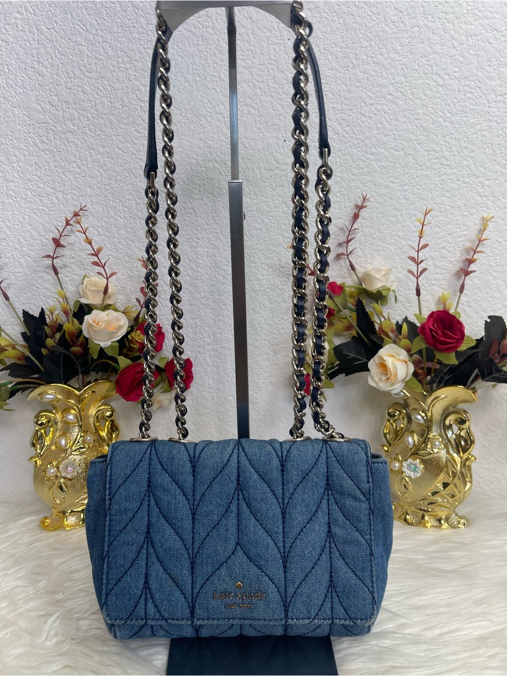 Kate Spade Quilted Denim Chain Crossbody Bag in Blue Color